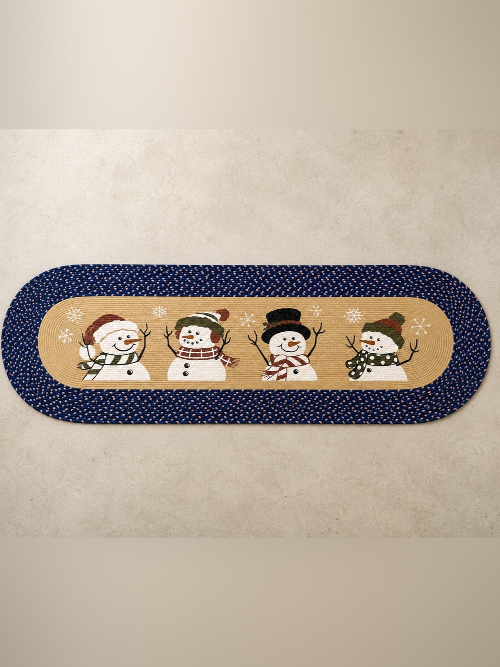 Snowman Braided Runner Rug 48x20 Blue Tan Winter Holiday Christmas Decor